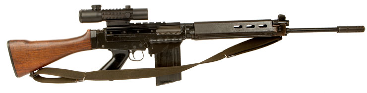 Deactivated Old Specification FN FAL 7.62mm Military Self Loading Rifle fitted with picatinny rail and scope