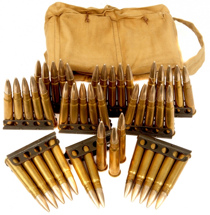 A genuine WWII British canvas ammunition bandolier containing 45 of its original wartime .303 Rounds