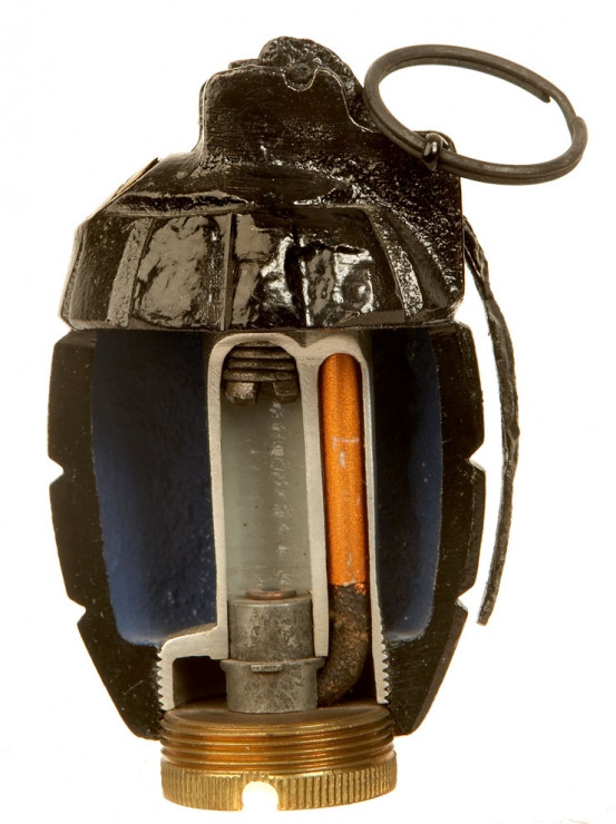 An inert First World War sectionalised or cut-away No5 MKI Mills grenade