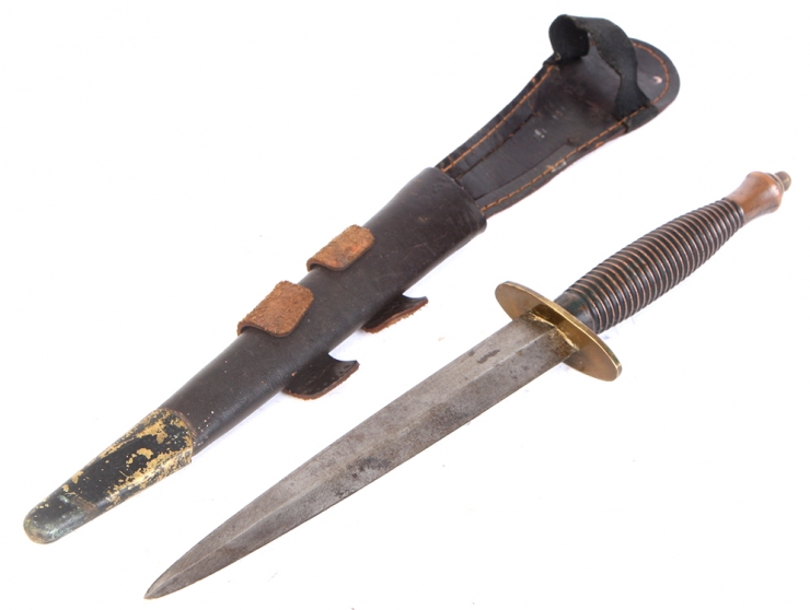 Third Pattern Fairbairn Sykes fighting knife with leather scabbard