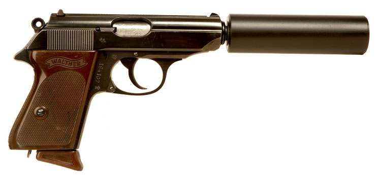Deactivated Walther PPK fitted with dummy silencer.