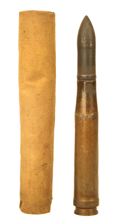 Inert WWII German 20mm Cannon Round with Card Transit Tube.