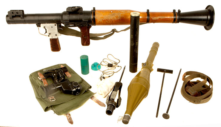 Deactivated RPG-7 (Rocket Propelled Grenade) 40mm launcher fitted with scope and accessories