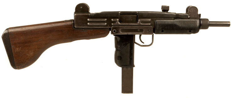 Deactivated Uzi Submachine Gun with wooden stock and vehicle mounting hange...